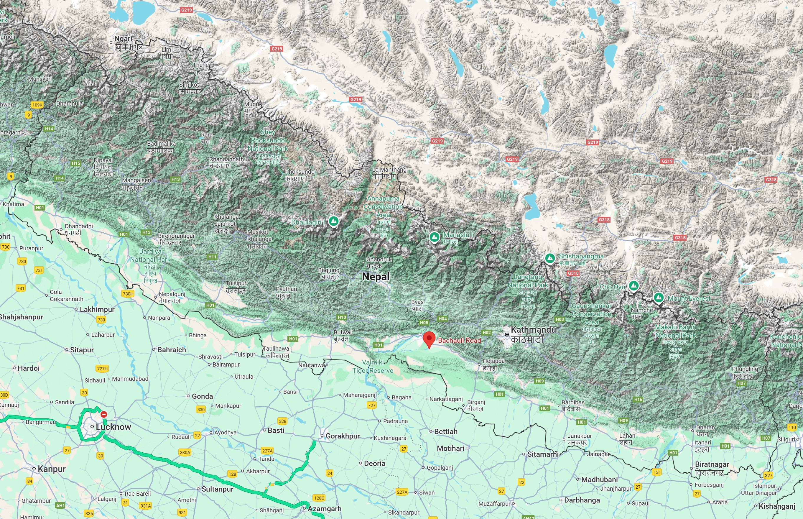 Kaart van Nepal met locatie Sauraha, Chitwan